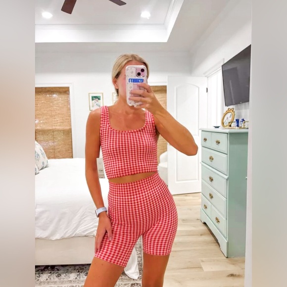 Athletic Set, Red Checkered Athletic Set, Biker shorts - Picture 1 of 5